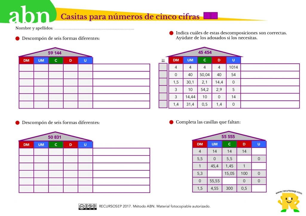 Método Abn Ficha Casitas De Descomposición Cinco Cifras Con Decimales 001